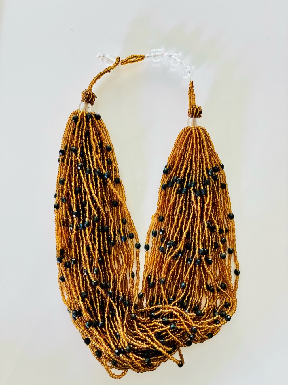 Warm Gold Multi-Strand Seed Bead Necklace with Dark Accent Beads